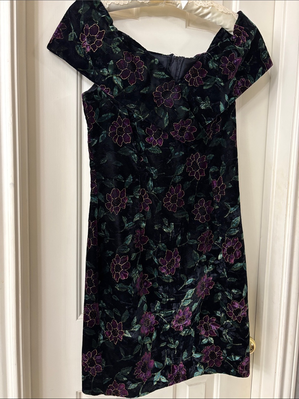 Off-Shoulder Black Velvet Dress with Purple Floral Embroidery
